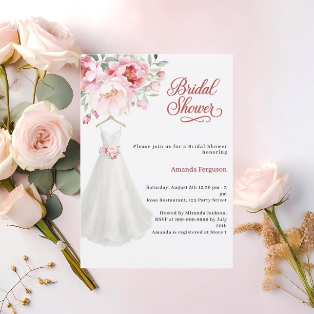 Bridal shower wedding dress pink flowers einladung (Von Creator hochgeladen)