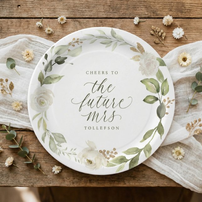Bridal Shower White Floral Greenery Pappteller (Botanical watercolor flowers bridal shower paper plates in sage green for the bride to be)