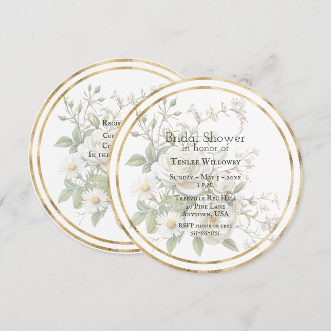 Bridal Shower White Roses Gold Frame Save The Date (Vorne/Hinten)