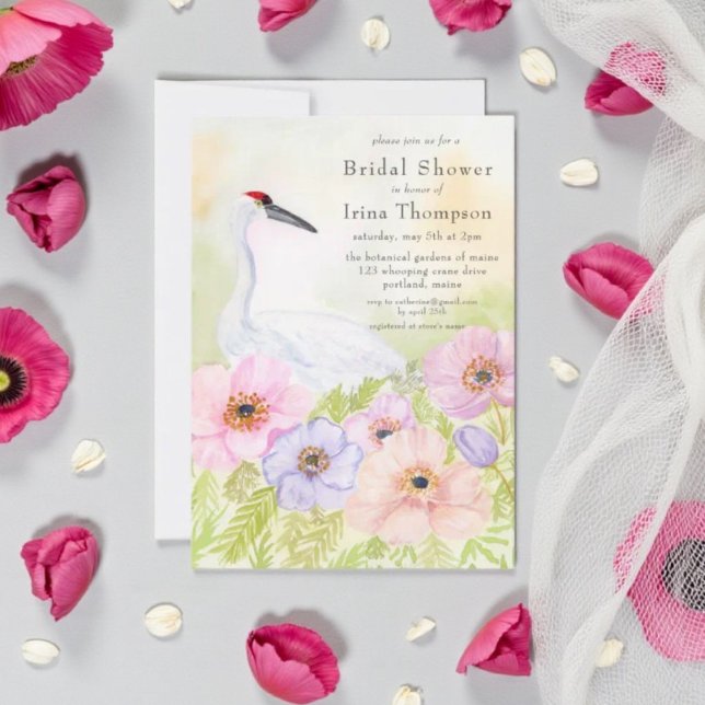 Bridal Shower Whooping Crane with Pastel Anemones  Einladung (Von Creator hochgeladen)