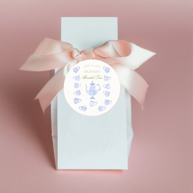 Bridal Tea Blue China White Lace Gold Dusche Runder Aufkleber (Von Creator hochgeladen)