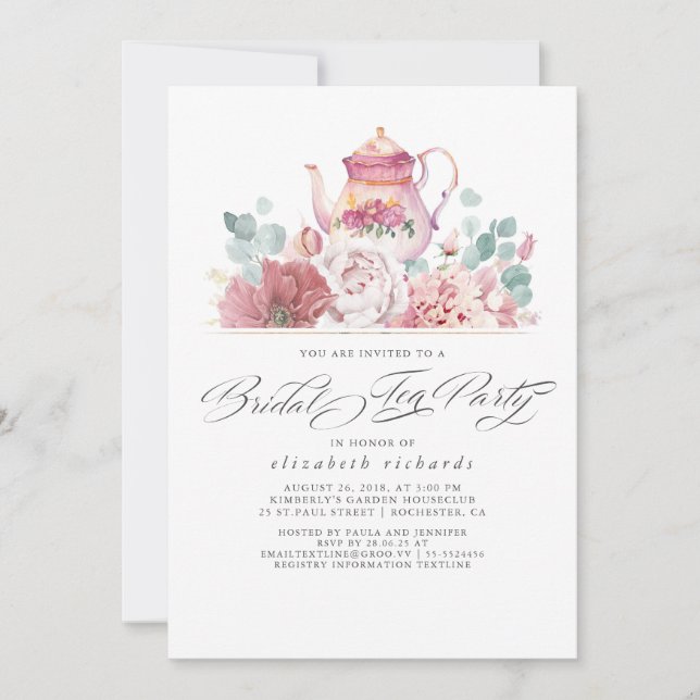 Bridal Tea Dusty Pink Blume Brautparty Einladung (Vorderseite)