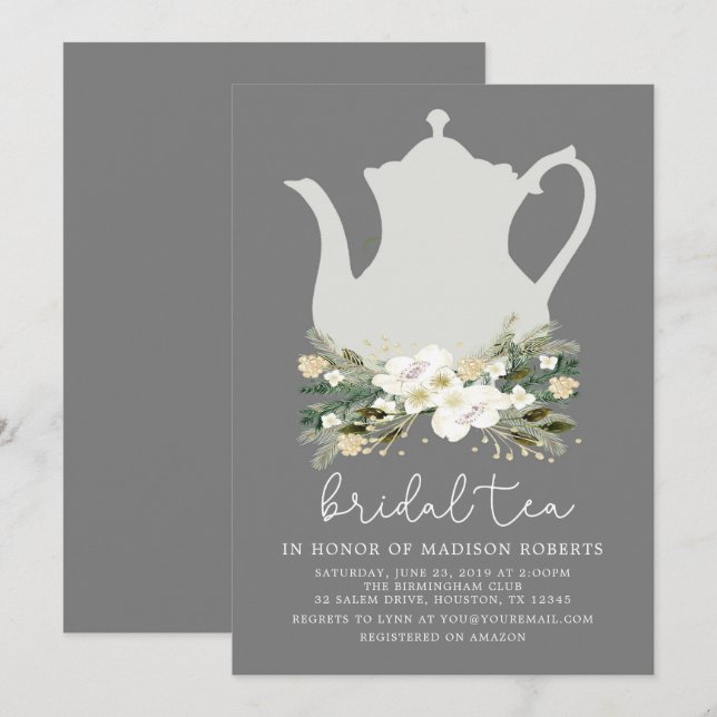 Bridal Tea Gray Blume Einladung (Vorne/Hinten)