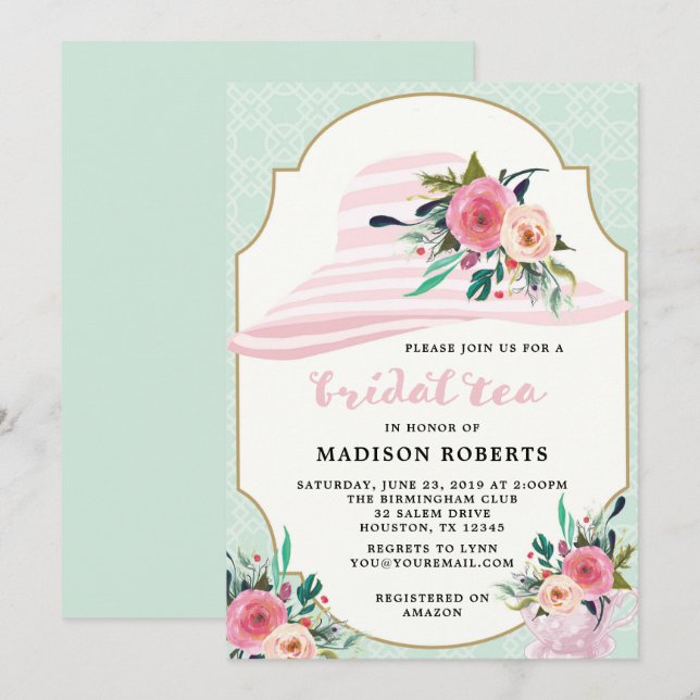 Bridal Tea Hat Wasserfarbe Blume Einladung (Vorne/Hinten)