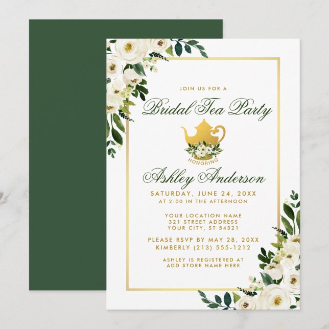 Bridal Tea Party Blumengrün Gold Einladung GB (Vorne/Hinten)