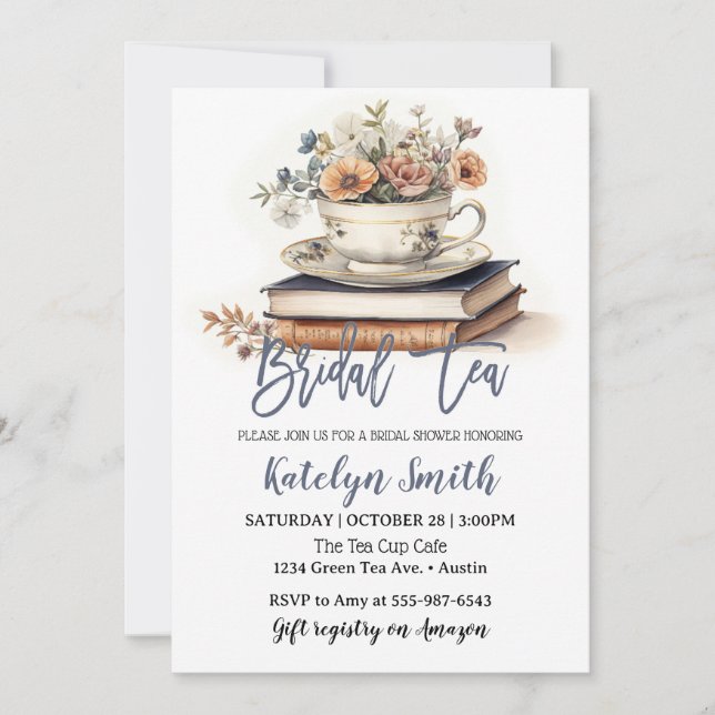 Bridal Tea Shower Dusty Blue Tee Cup Blumenbuch Einladung (Vorderseite)