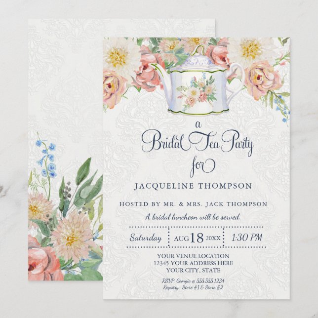 Bridal Tee Party Aquarell Rosa Einladung (Vorne/Hinten)