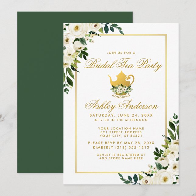 Bridal Tee Party Blumengrün Gold Einladung G (Vorne/Hinten)