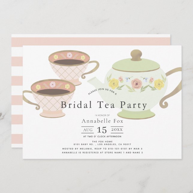 Bridal Tee Party Tea Pot & Cups Brautparty Einladung (Vorne/Hinten)
