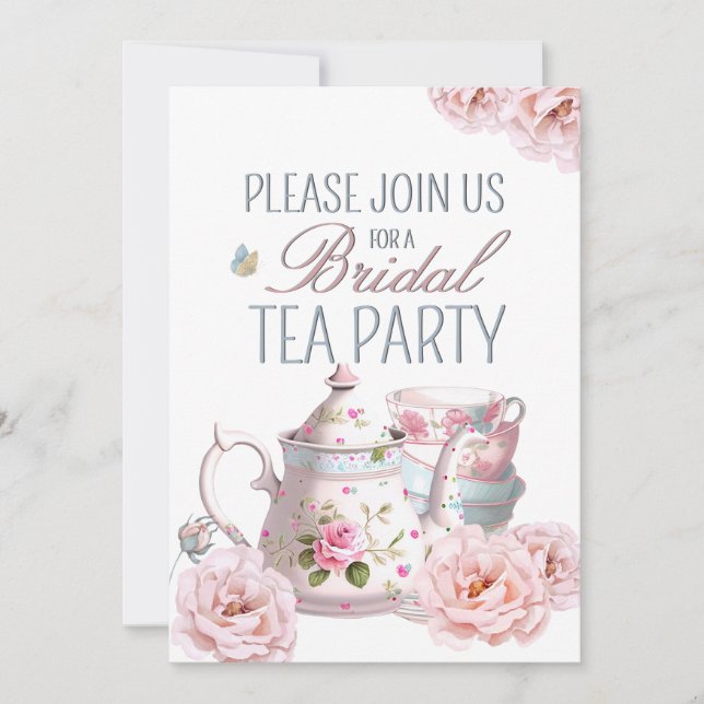 Bridal Tee Party Teapot Teacups Hochzeitsfest Einladung (Vorderseite)