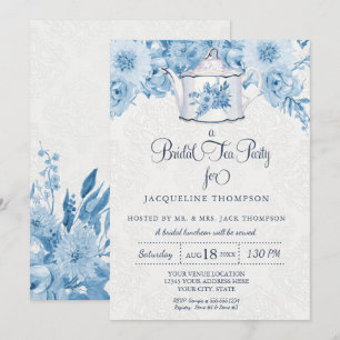 Bridal Tee Party Watercolor Navy Blue White Floral Einladung