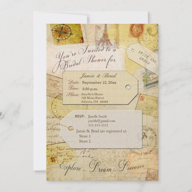 Bridal Travel Showthema in Kakao und Creme Einladung (Vorderseite)