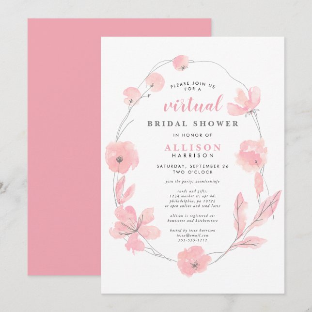 Bridal Virtual Shower | Rosa Blumenfarbe Einladung (Vorne/Hinten)