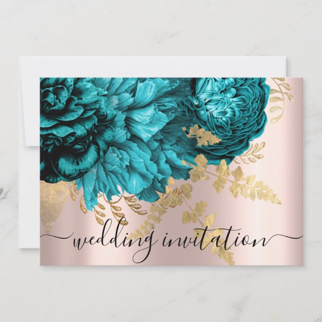 Bridal Wedding Aquamarin Blue Gold Rose Peony Einladung (Vorderseite)