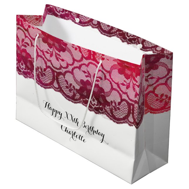 Bridal Wedding Birthday Burgundy Ruby Pink Lace Große Geschenktüte (Vorderseite Schrägansicht)