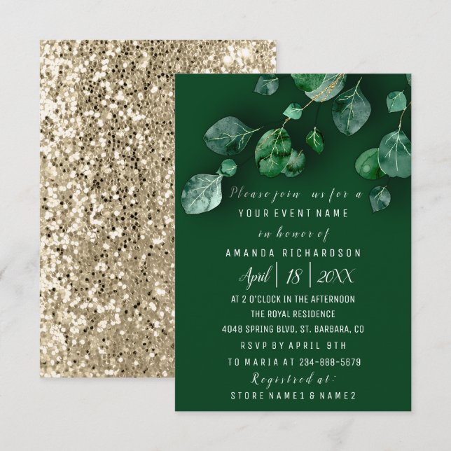 Bridal Wedding Eukalyptus Greenery Gold Glitzer Einladung (Vorne/Hinten)