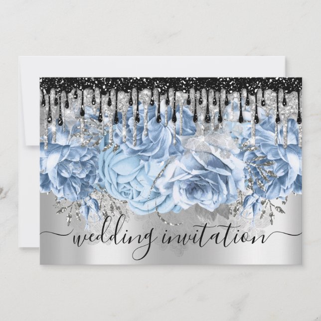 Bridal Wedding Glitzer Tropfens Blue Silver Gray I Einladung (Vorderseite)