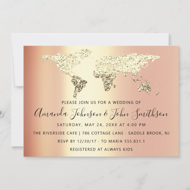 Bridal Wedding Gold Zielkarte Globe Coral Einladung (Vorderseite)