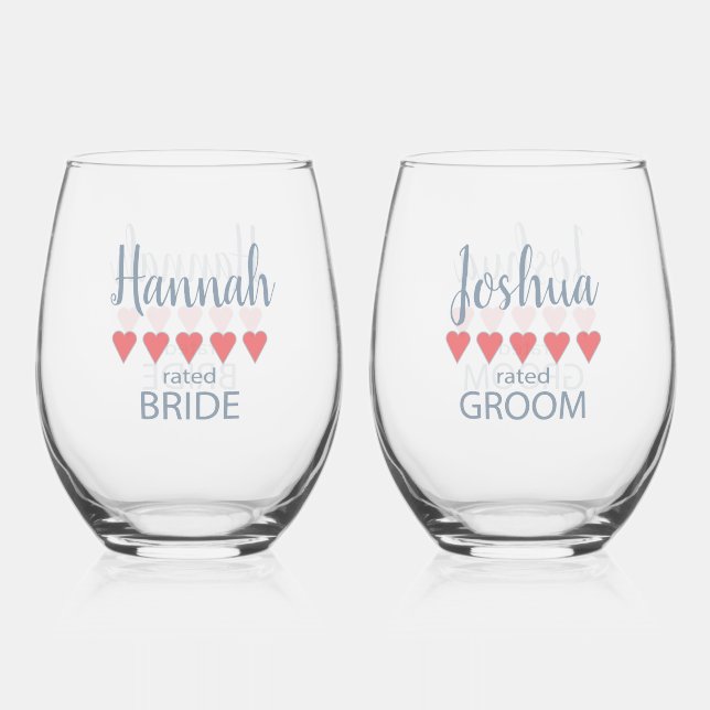 Bridal & Wedding Party 5 Herz Braut & Groom Weinglas Ohne Stiel (Vorderseite)