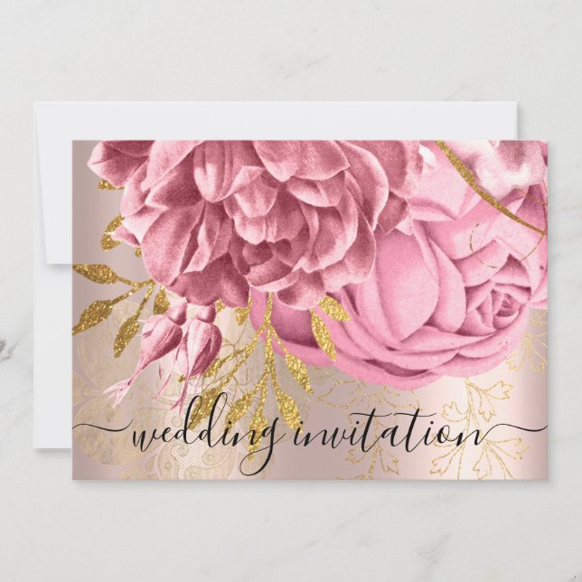 Bridal Wedding Pink Rose Gold Blume Rose Einladung (Vorderseite)