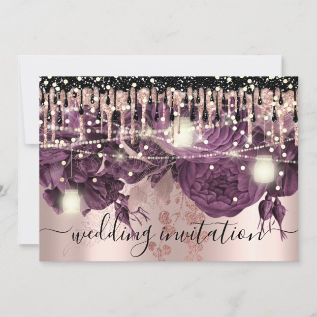 Bridal Wedding Rose Glitzer Tropfen Lila Confetti Einladung (Vorderseite)