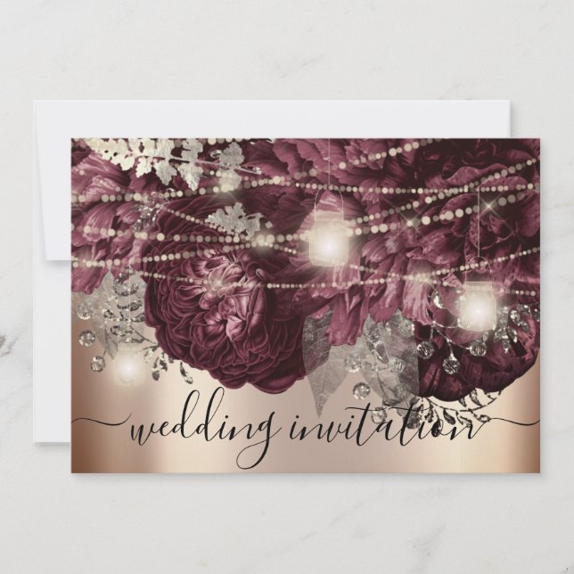 Bridal Wedding Rose Gold Burgundy Marsala Lights Einladung (Vorderseite)
