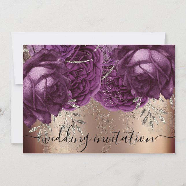 Bridal Wedding Rose Silver Lights Purple Blumen Einladung (Vorderseite)