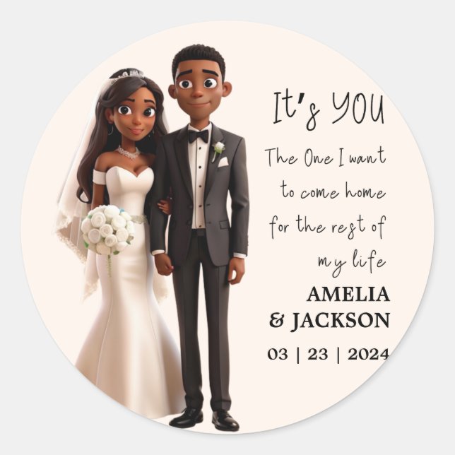 Bride and Groom Illustration mit Liebe-Zitaten Runder Aufkleber (Vorderseite)