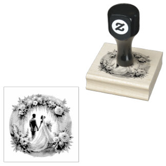 Bride and Groom silhouette Floral Wedding Gummistempel