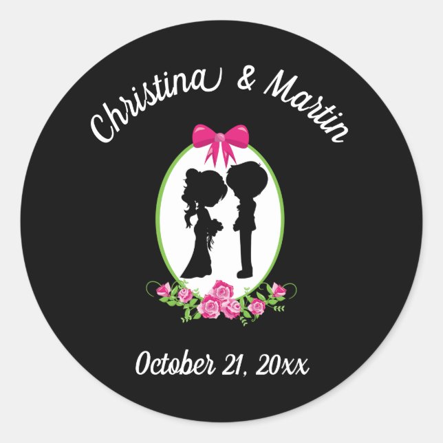 Bride and Groom Silhouettes with Names Runder Aufkleber (Vorderseite)