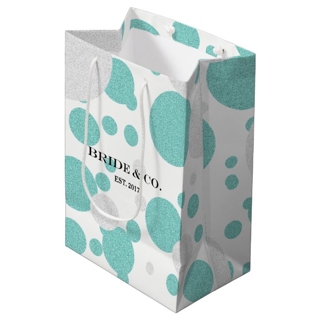 BRIDE Aquamarin Blue Polka Dot Dusche Tiara Party Mittlere Geschenktüte (Vorderseite Schrägansicht)