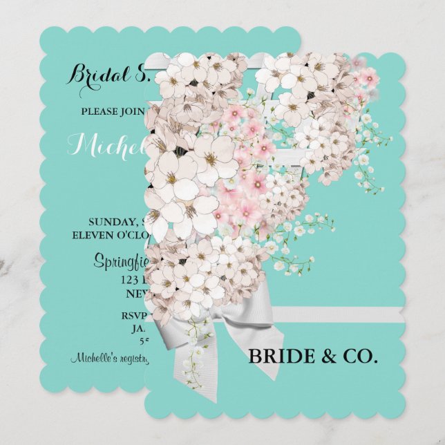 BRIDE-Blume & Aquamarines blaues Duschbad Party Einladung (Vorne/Hinten)