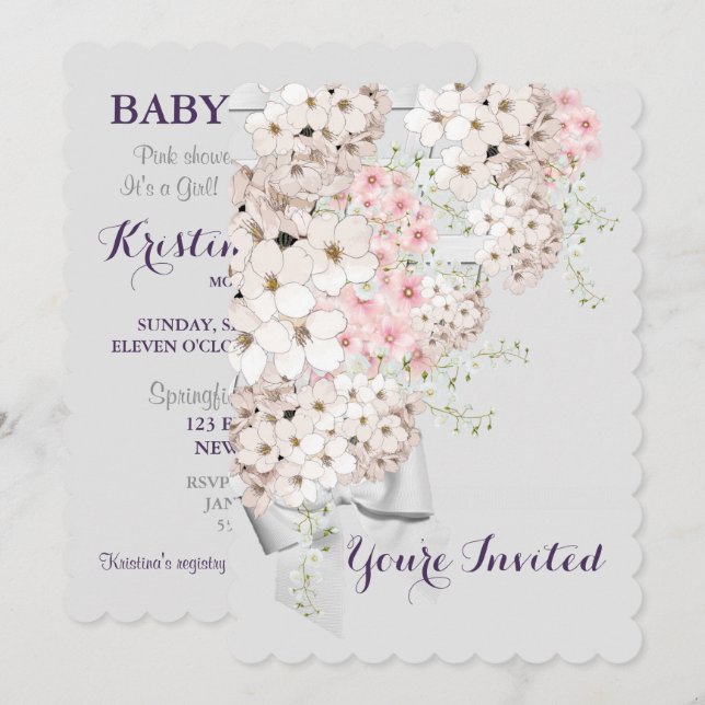 BRIDE-Blume & Gitter, Grau & Pink-Dusche Party Einladung (Vorne/Hinten)
