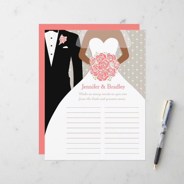 Bride Brautparty Word Game Korallenkleid Rose (Vorderseite/Rückseite Beispiel)