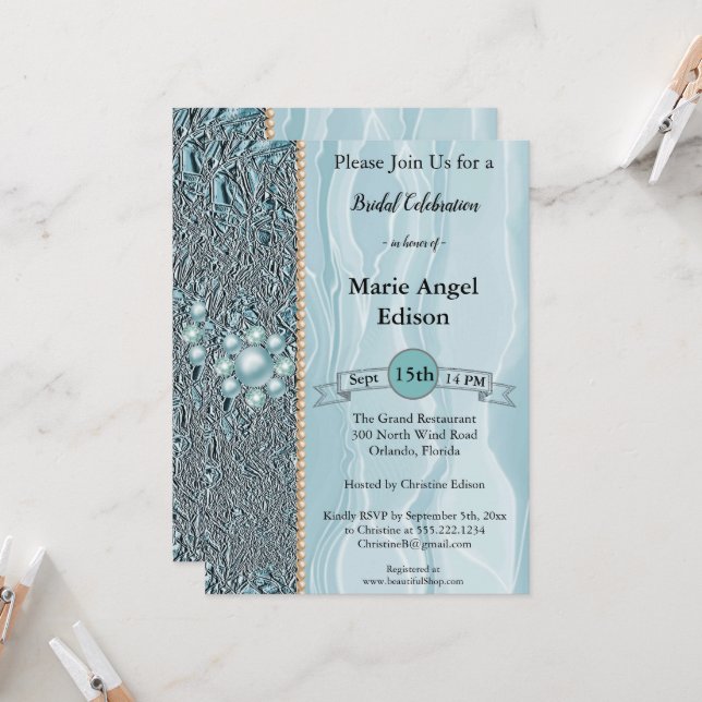 Bride Celebration Aquamarin Blue Foil & Silk & Pea Einladung (Vorderseite/Rückseite Beispiel)