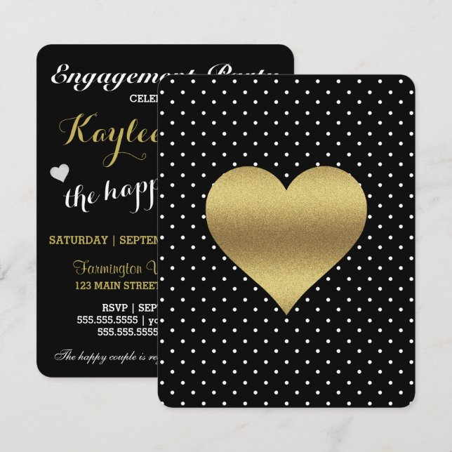 BRIDE & CO Black & Gold Heart & Polka Dot Party Einladung (Vorne/Hinten)