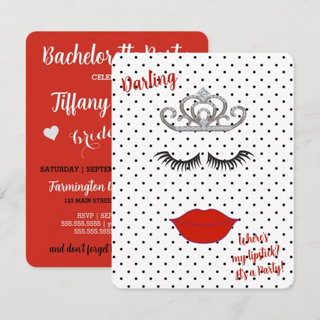 BRIDE & CO Wo ist mein Lipstick-Dusche Tiara-Party Einladung (Vorne/Hinten)