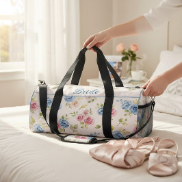 Bride Floral Pink Blue Watercolor Wedding Duffle Bag