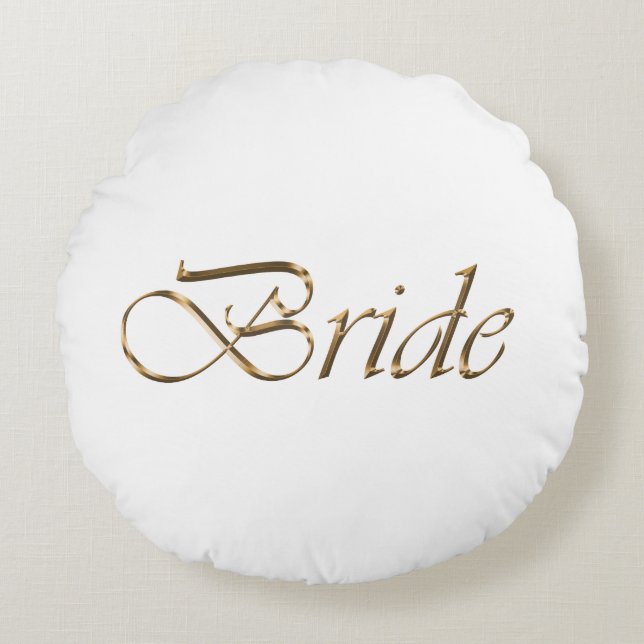 Bride, goldenes Drehbuch elegantes Weiß Rundes Kissen (Vorderseite)