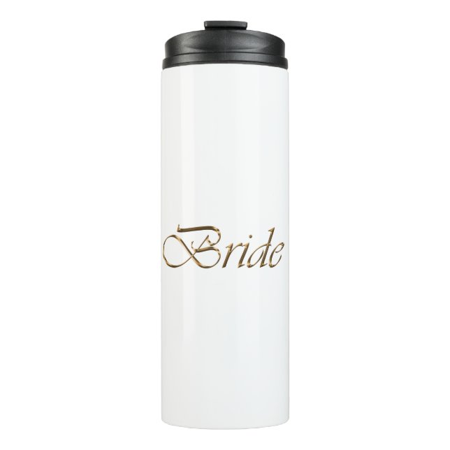 Bride, goldenes Drehbuch elegantes Weiß Thermosbecher (Vorderseite)