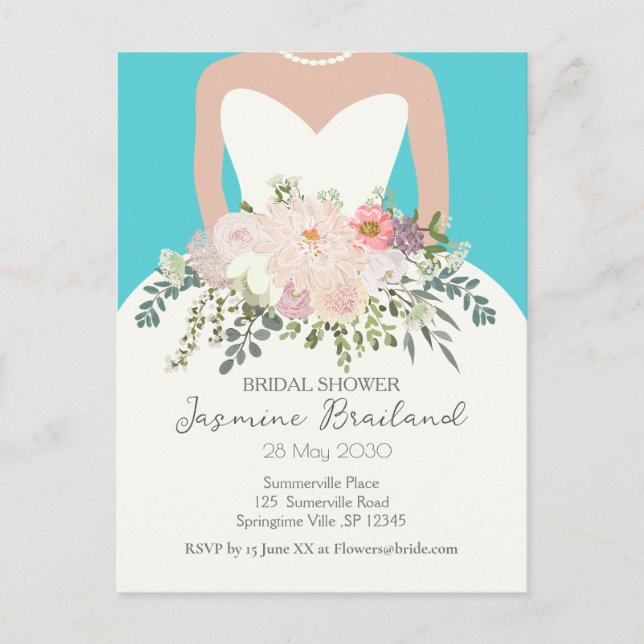 Bride Gown mit floral Bouquet Brautparty Postkarte (Vorderseite)