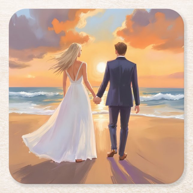 Bride & Groom Beach Wedding Watercolor Rechteckiger Pappuntersetzer (Vorderseite)