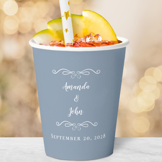 Bride Groom Elegant Wedding Empfang Dusty Blue Pappbecher (Bride Groom Elegant Wedding Reception Dusty Blue Paper Cups)