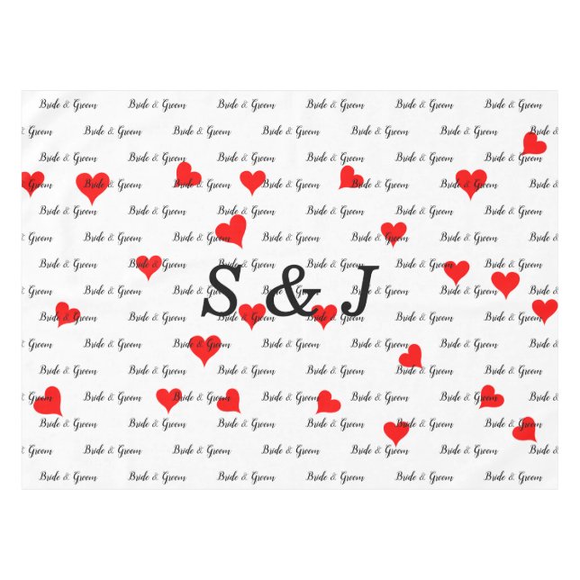Bride Groom Monogram Typografie Rote Herzen Tischdecke (Vorderseite (Horizontal))
