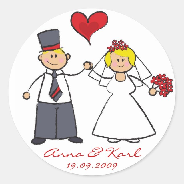 Bride & Groom Niedlichen Ehepaar Mr. & Mrs. Weddin Runder Aufkleber (Vorderseite)