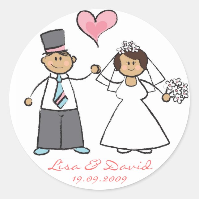 Bride & Groom Niedlichen Ehepaar Mr. & Mrs. Weddin Runder Aufkleber (Vorderseite)