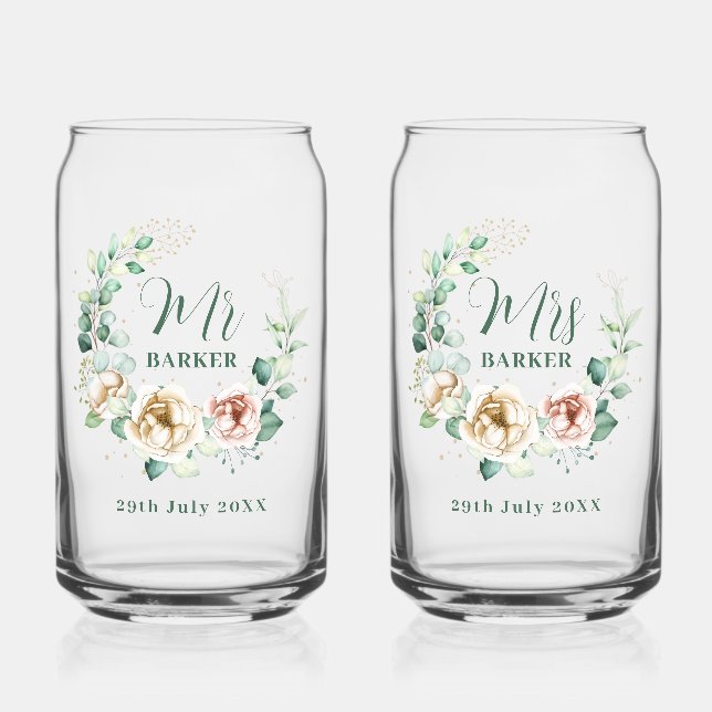 Bride & Groom Personalisiert Mr. & Mrs. Floral Dosenglas (Vorderseite)