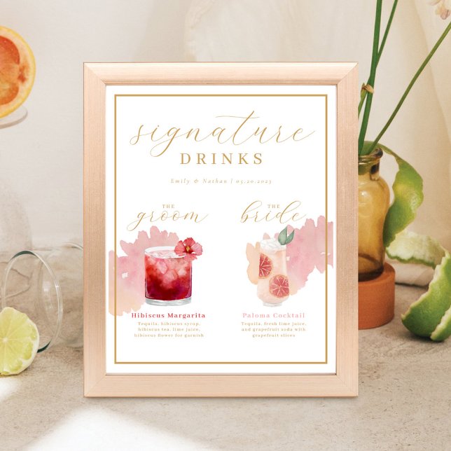 Bride & Groom Signature Drinks Aquarellcocktail Poster (Bride & Groom Signature Drinks Watercolor Cocktail Poster)