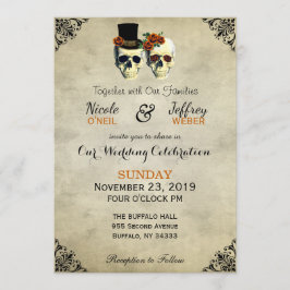 Bride & Groom Skull Goth Rustikale Hochzeit Orange Einladung