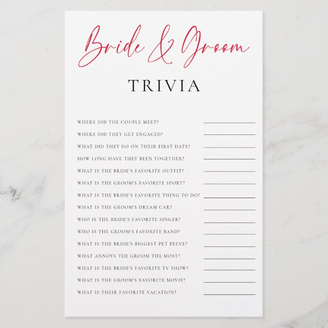 Bride Groom Trivia Valentine Bridal Shower Game Flyer (Vorne)